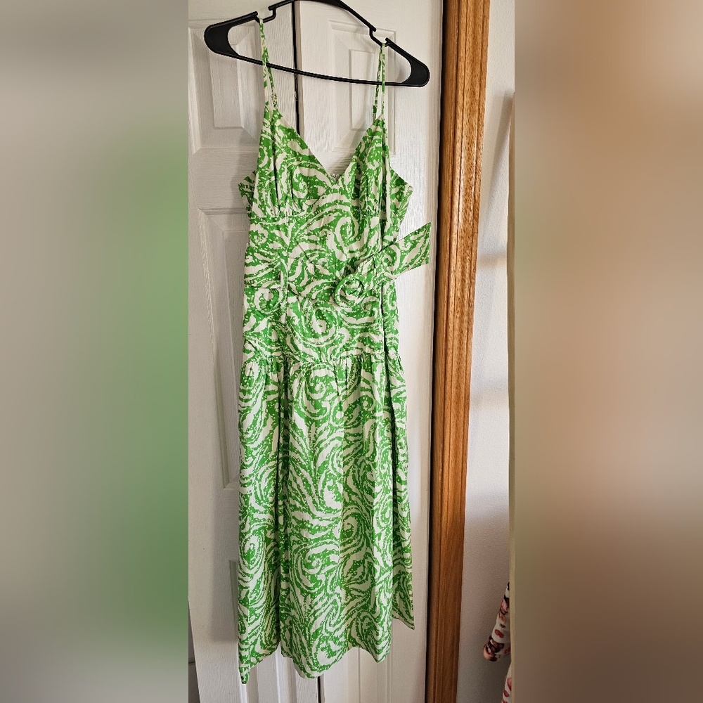 Lavender Brown Green Swirl Midi Dress with Ring-Belt